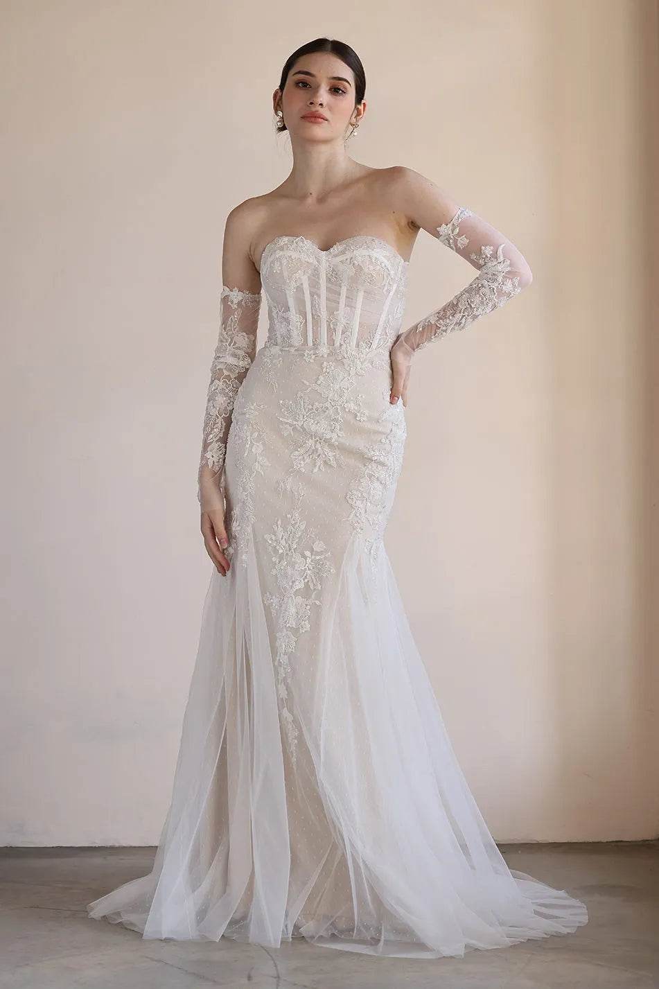 Trumpet-Mermaid Court Train Lace Tulle Wedding Dress CW3544 - COCOMELODY